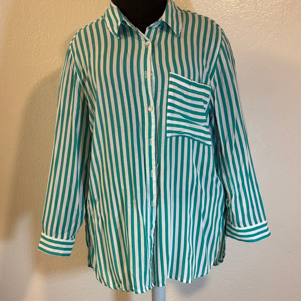 Green and White Striped Women's Shirt